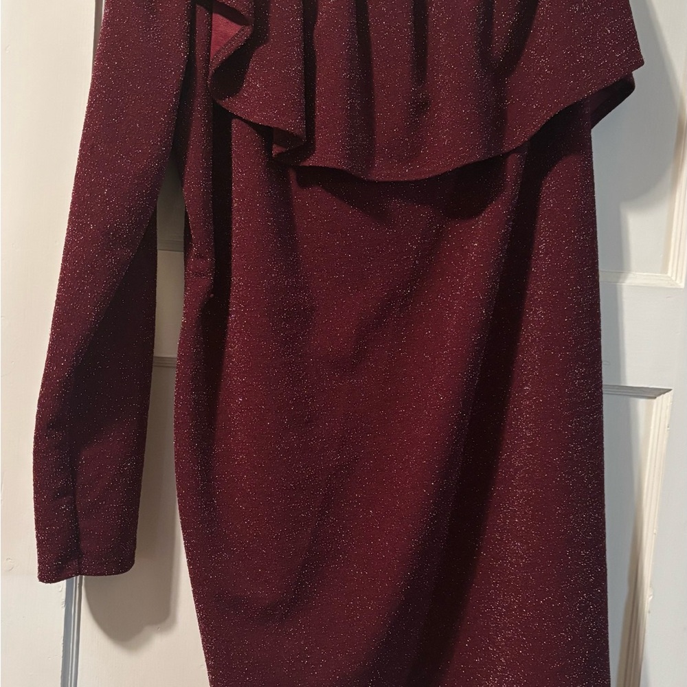 Red Ruffled Asymmetrical Long Sleeve Cocktail Dress
